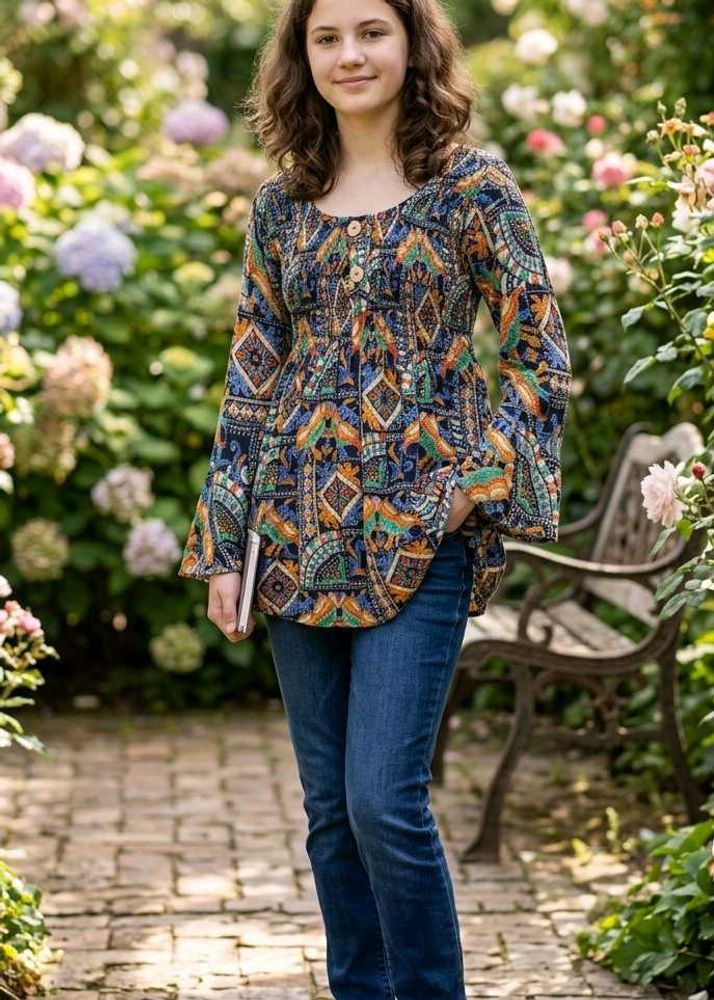 Boho Print Smocked Kurta Top