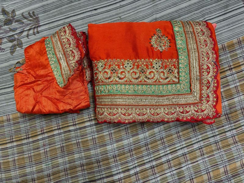 Orange Embroidered Silk Saree with Blouse