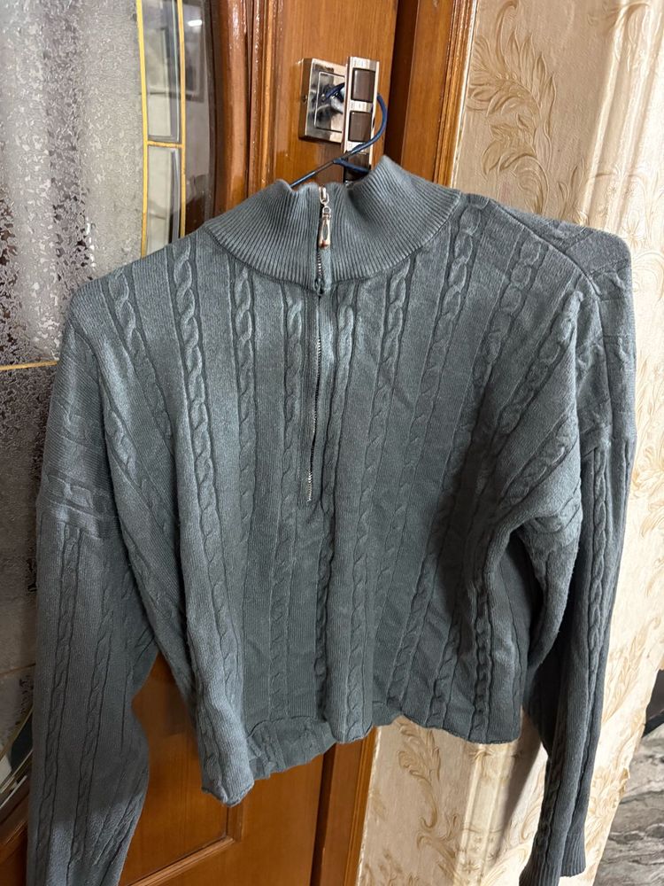Grey Cable Knit Quarter Zip Sweater