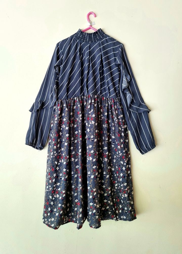 Floral Full Sleeve Ruffle Dress-Turtle neck