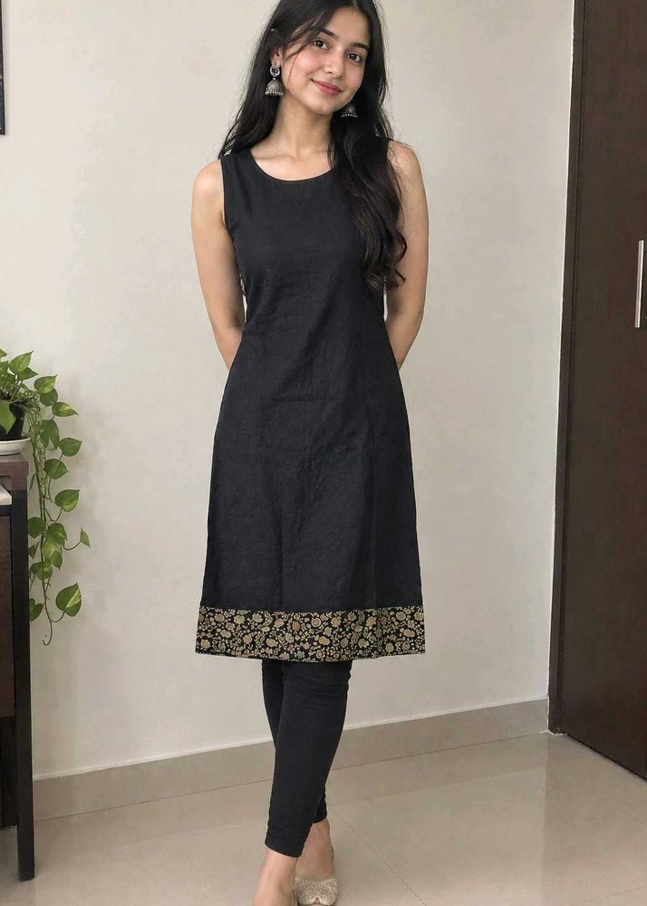 Elegant Black Sleeveless Kurta with Golden Border