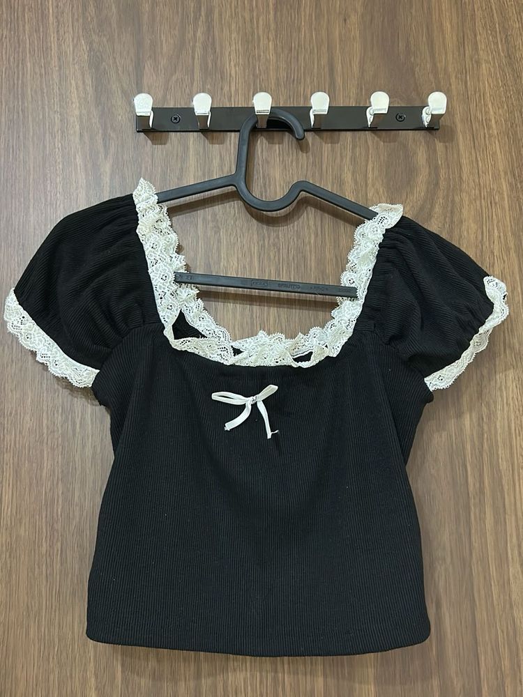 Black Lace Trim Crop Top