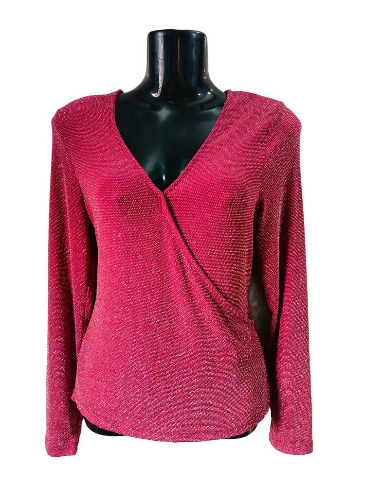 Long Sleeves Glitery Red Wrapped Style Top M &amp; L