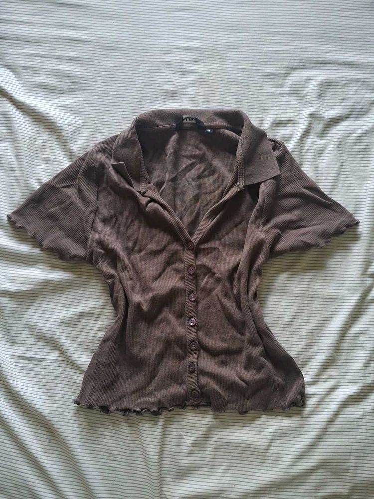 Brown Collared Short Sleeve Top