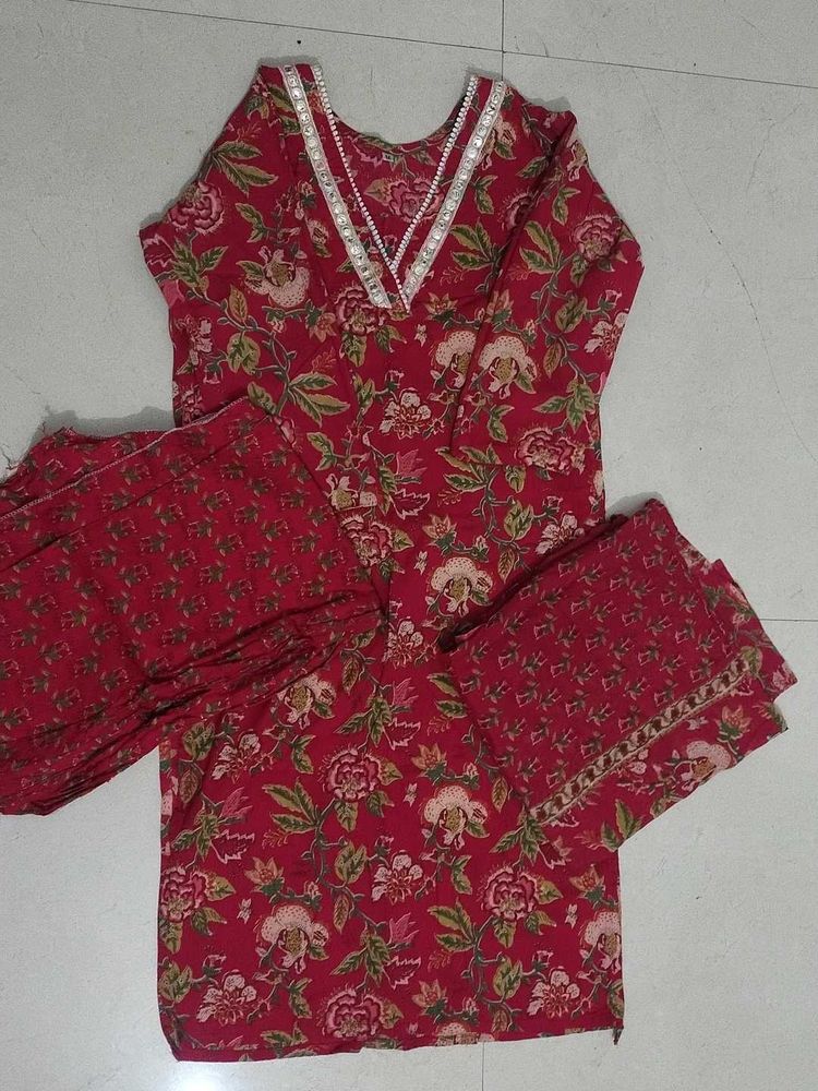Red Floral Print Kurta Set