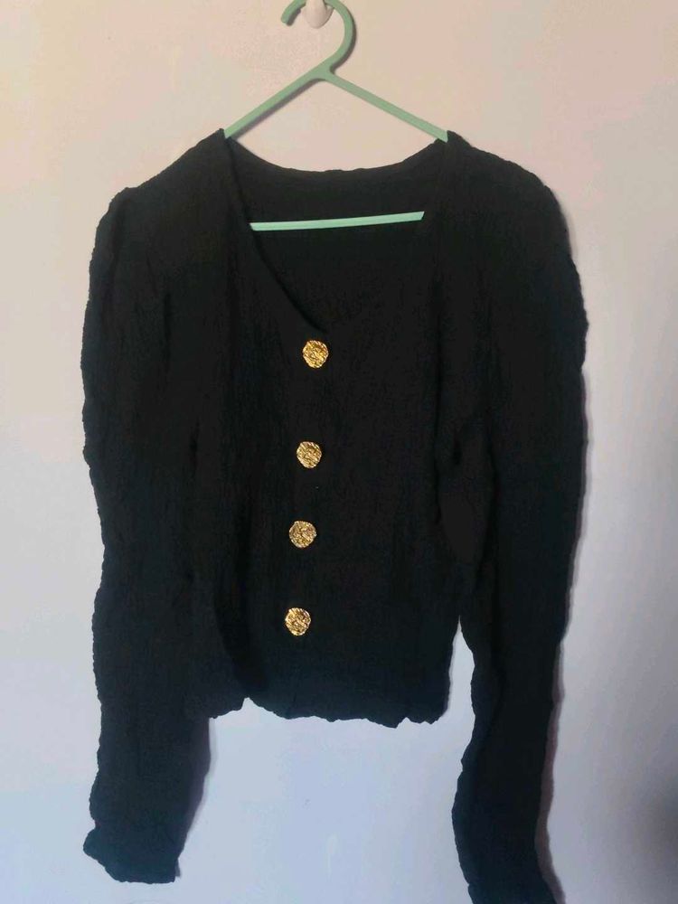 Chic Black Textured Crop Top with Gold Buttons