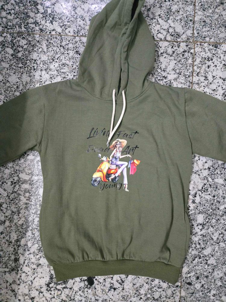 Olive Green Graphic Print Hoodie
