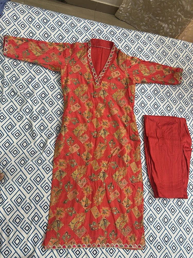 Beautiful Red Printed Kurta with Pants