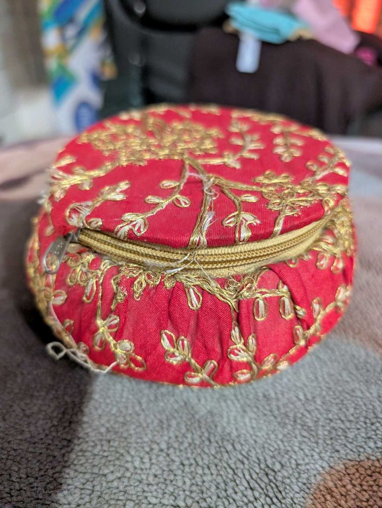Embroidered Red Round jewellery  Pouch