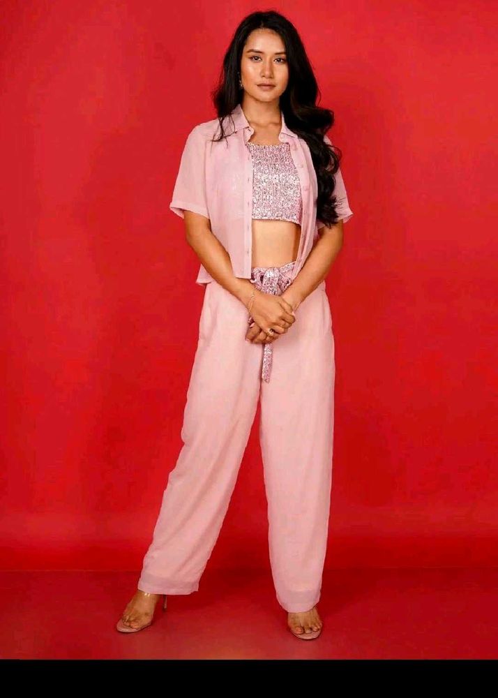 Pink Sequined Crop Top Co-ord Set
