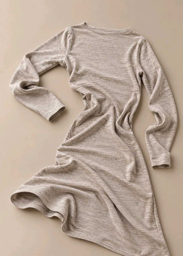 BEIGE MARLED LONG SLEEVE ROUND NECK BODYCON MIDI