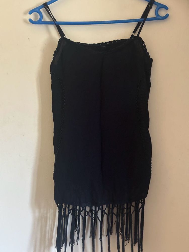 MNG- Black sleeveless top with fringe hem.-
