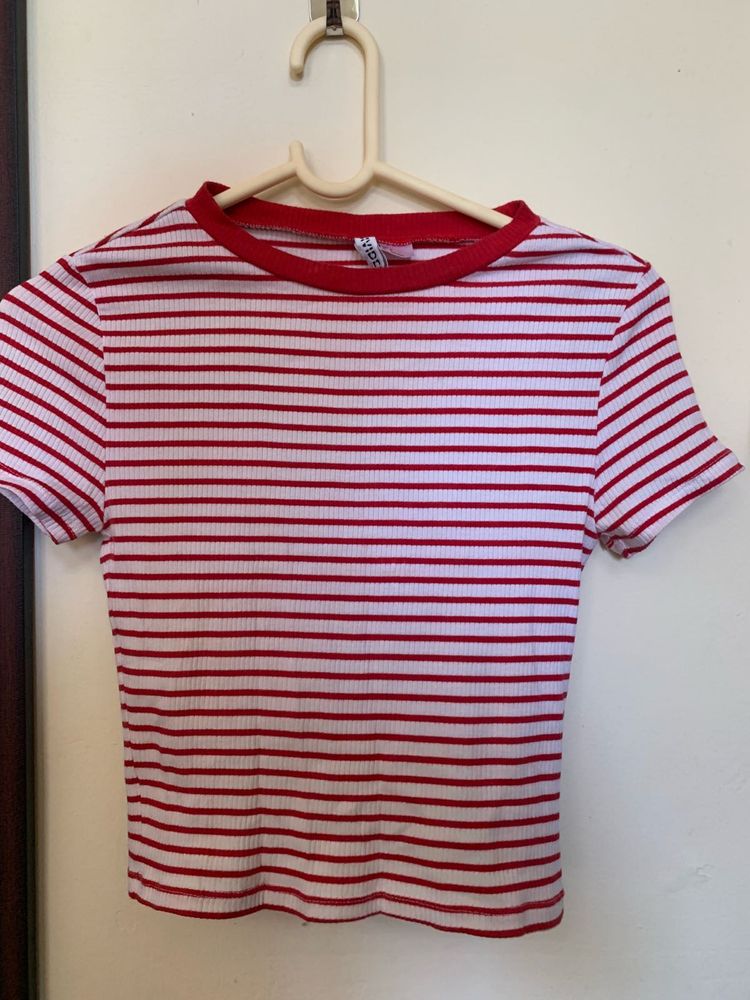 Red &amp; White Striped ribbed Cropped T-Shirt