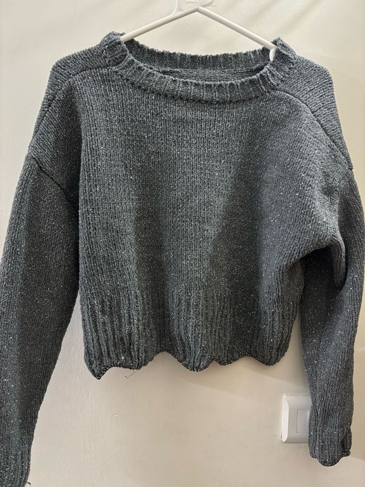 Grey Co-ORD Shimmer Knit Cropped Sweater and Skirt