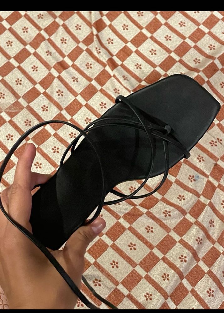 Black Strappy Square Toe Flats