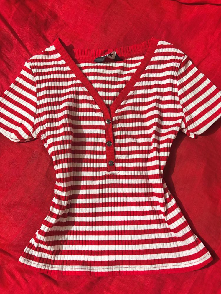 Red &amp; White Striped Henley Top
