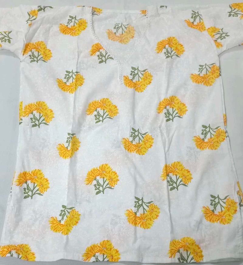 Short White Kurta with Yellow Floral Print