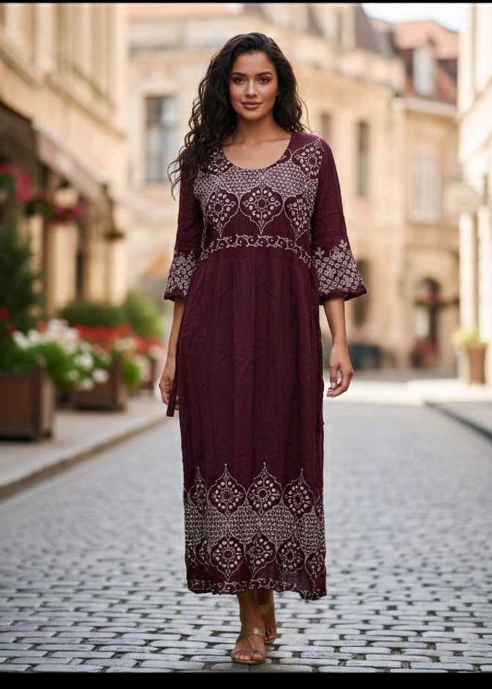 Maroon Embroidered Maxi Dress