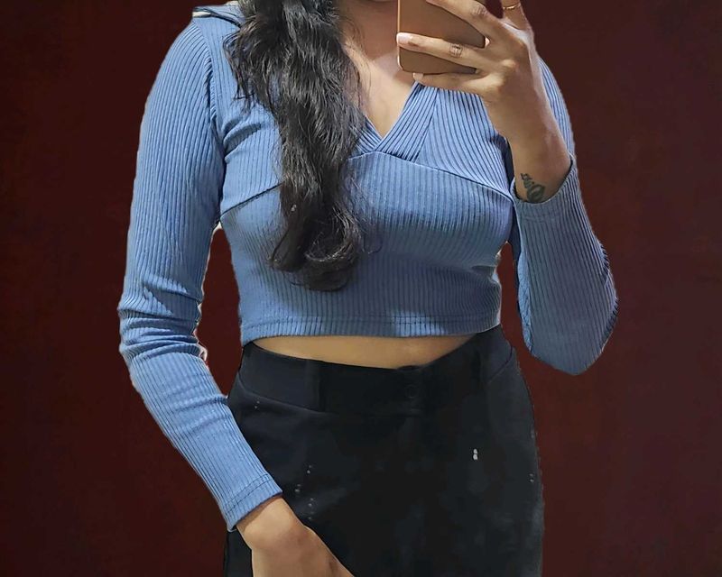 Blue Ribbed Crop Top
