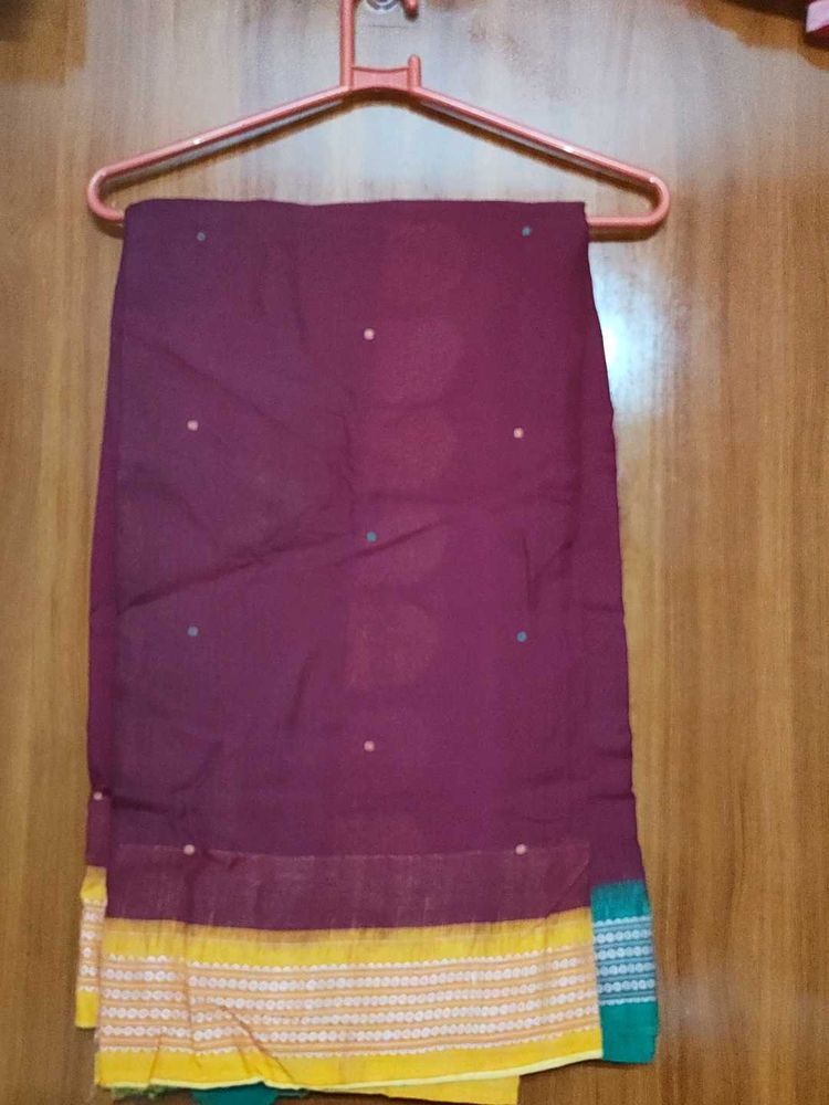 Elegant Maroon Saree with Yellow &amp; Green Ganga-Jam