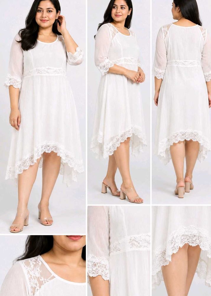 Elegant White Lace Trimmed High-Low Dress