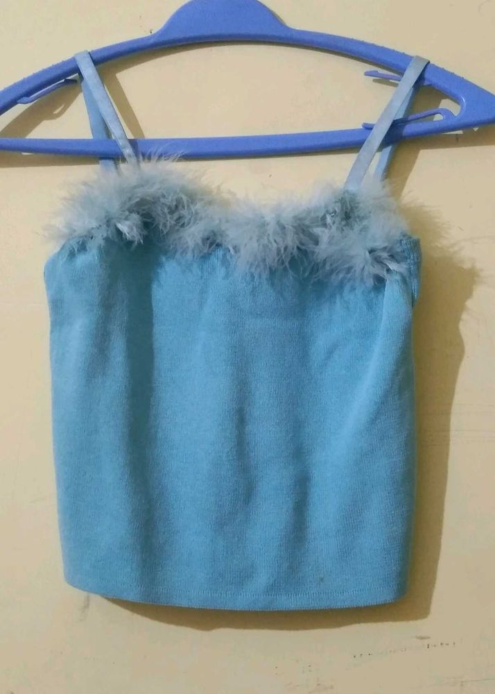 Blue Feather Trim Cami Top