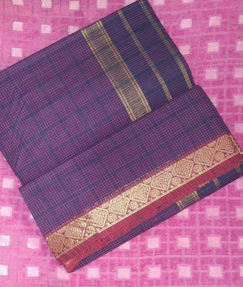 Elegant Purple Checkered Saree with Gold Border