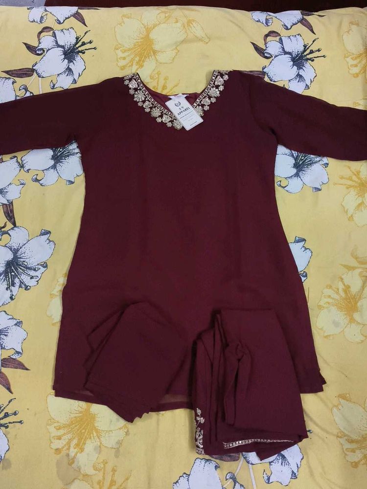 Maroon Kurta Set with Embellished Neckline