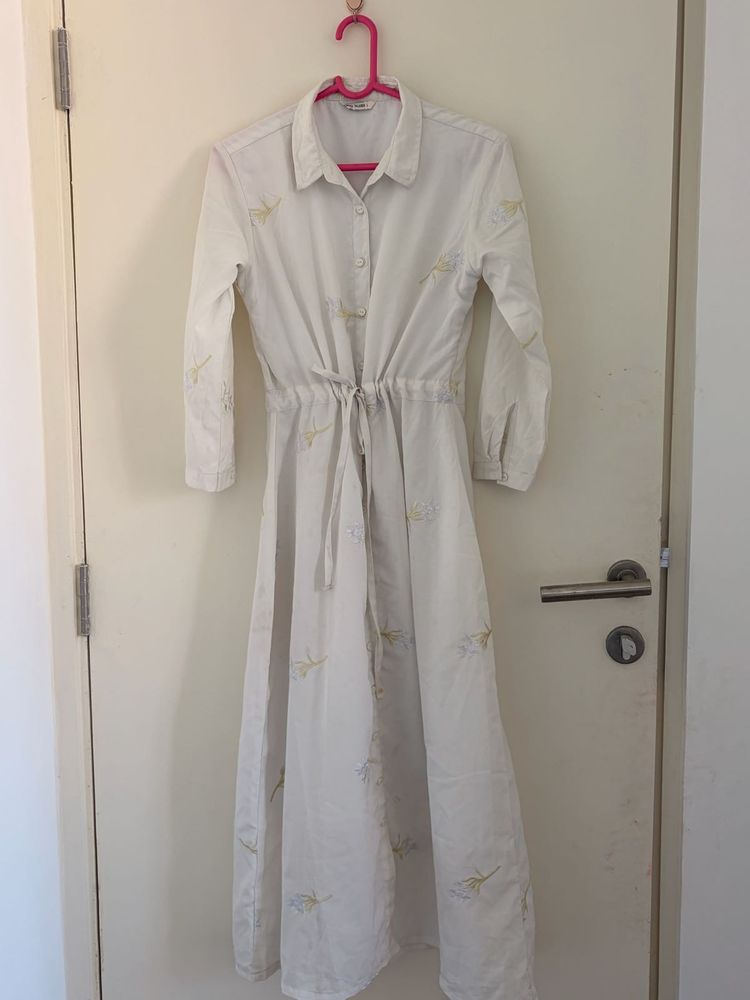 White Midi Dress with Floral Embroidery