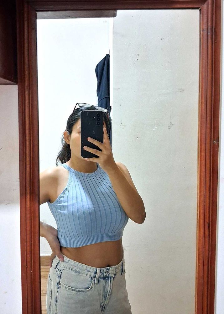 Baby Blue Ribbed Halter Crop Top