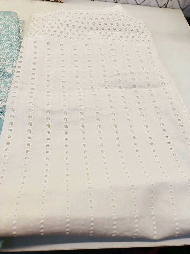 Beautiful White and Sea green Cotton Chikankari ku