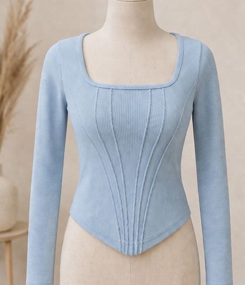Light Blue Square Neck Ribbed Knit Top