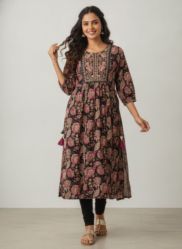 Beautiful Floral Print Kurta with Embellished Neck
