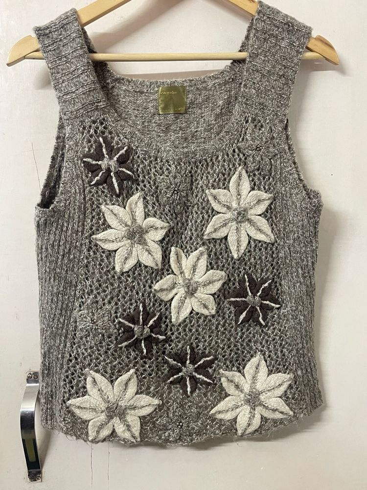 Grey Floral Knit Tank Top/ Half Sweater