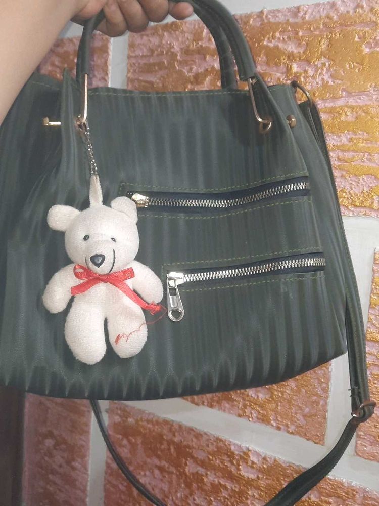 Stylish Dark Green Handbag with Teddy Charm