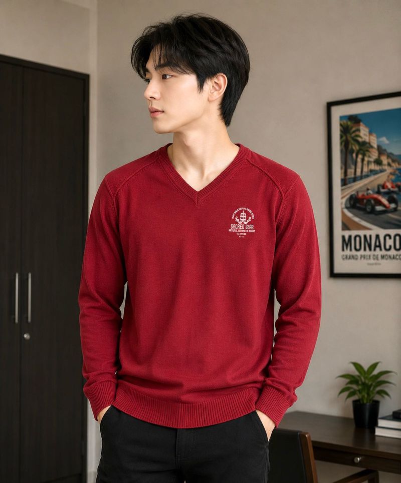 Spykar Men's Red V-Neck Sweater