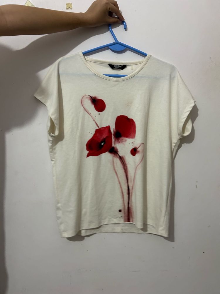 Cream Poppy Print T-Shirt