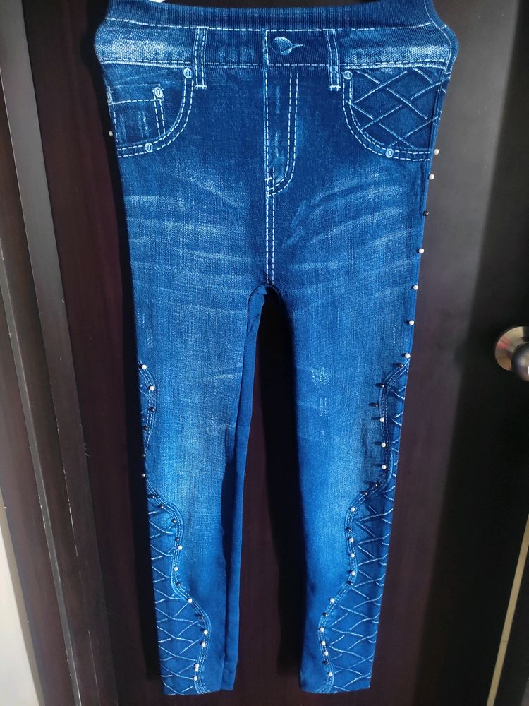 Printed Jeggings With Beads Work Done