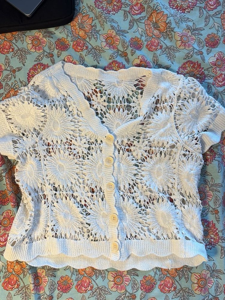 White Crochet Knit Cardigan