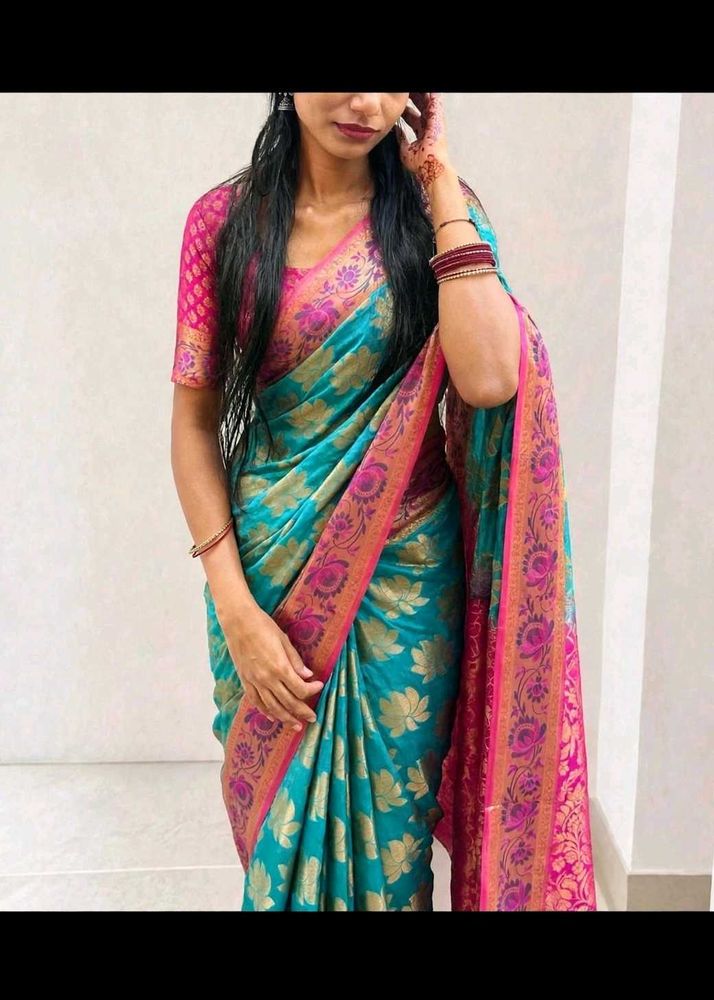 Stunning Teal &amp; Pink Silk Saree