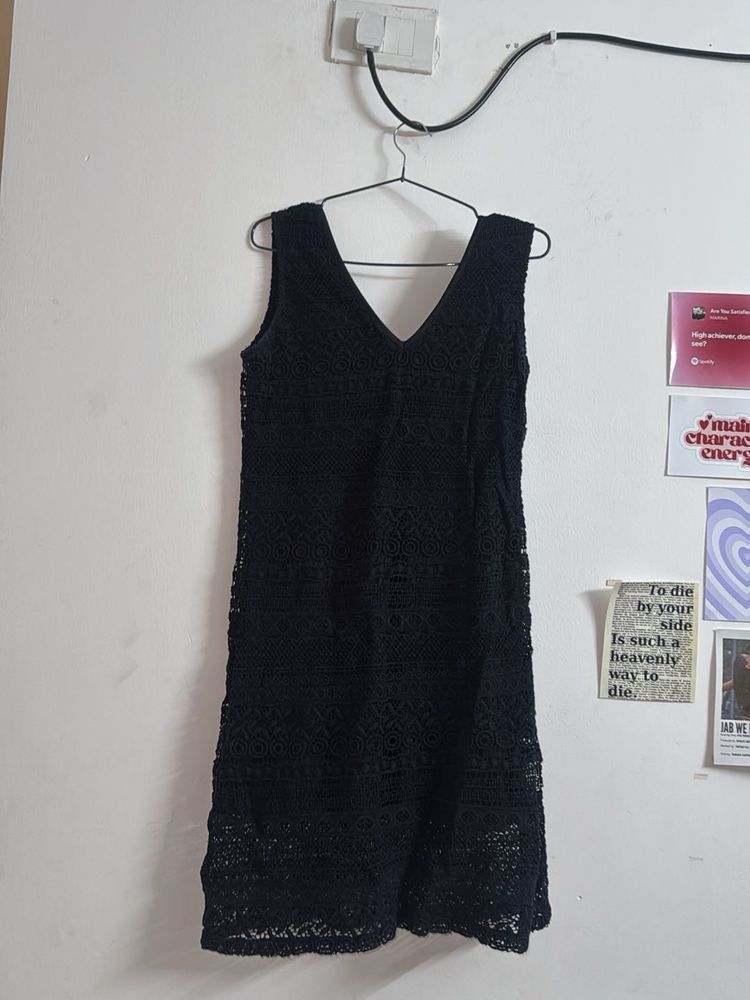 Black Crochet V-Neck Mini Dress