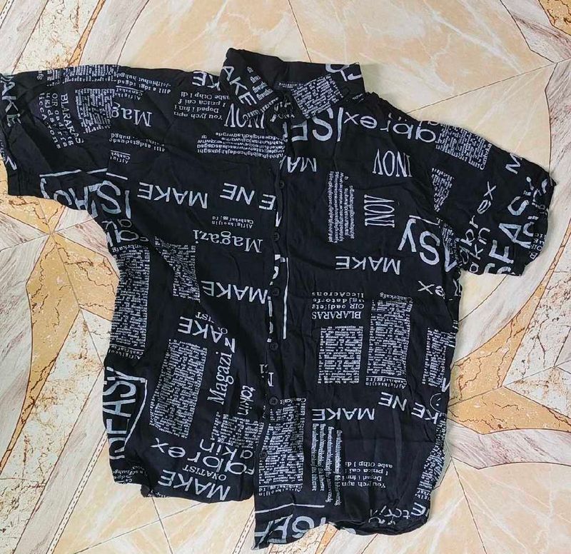 Black Newspaper Print Short Sleeve Shirt
