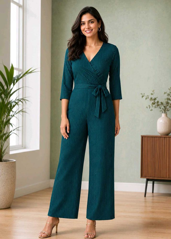 Teal Green Pinstripe Wrap Jumpsuit