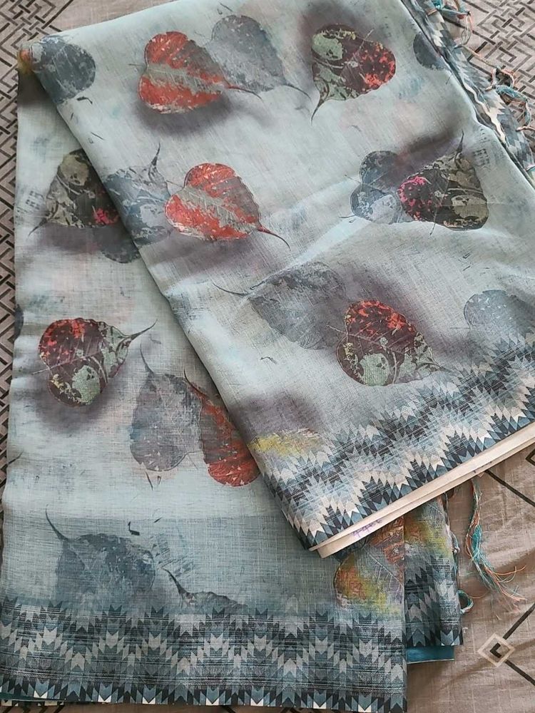 Beautiful Blue Saree with Leaf Print
