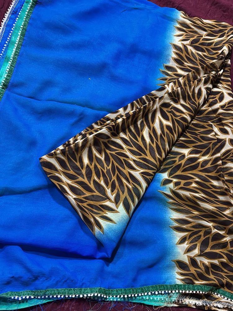 Vibrant Blue Saree with Leaf Print