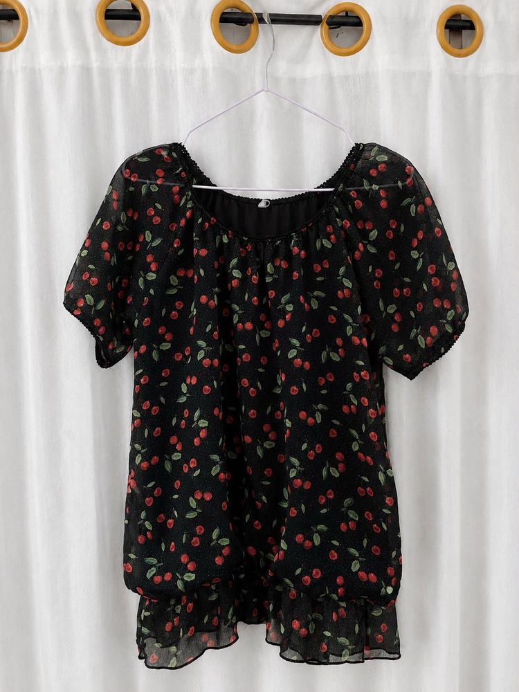 Chic Black Cherry Print Puff Sleeve Top