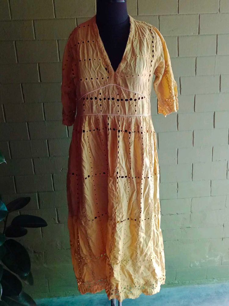 Yellow Eyelet Midi Dress