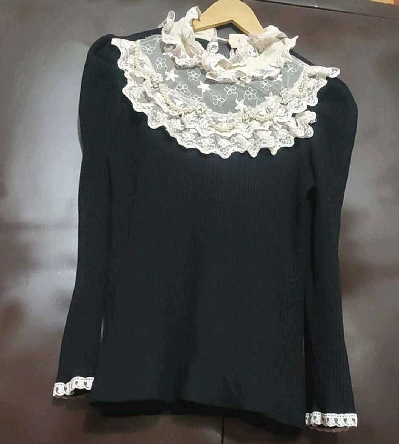 Black Trimmed Puff Sleeve Winter Top 30 Bust