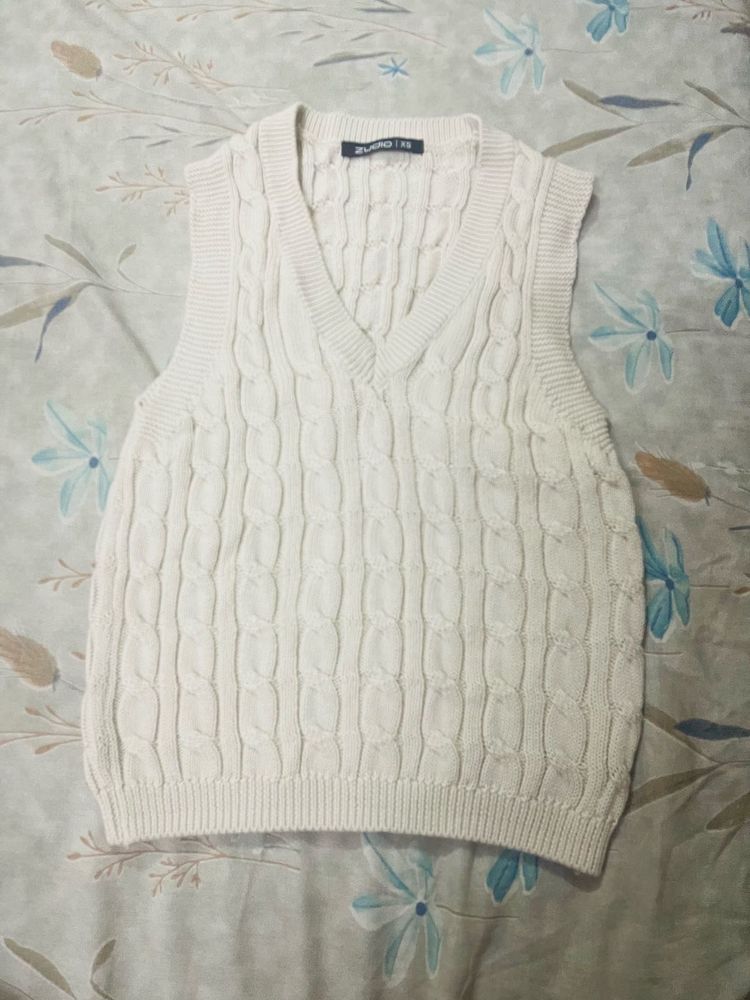 Cream Cable Knit Sleeveless V-Neck Sweater Vest