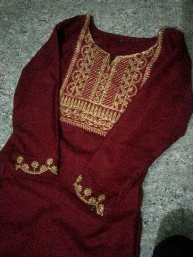 red long kurti with dupatta and trouser